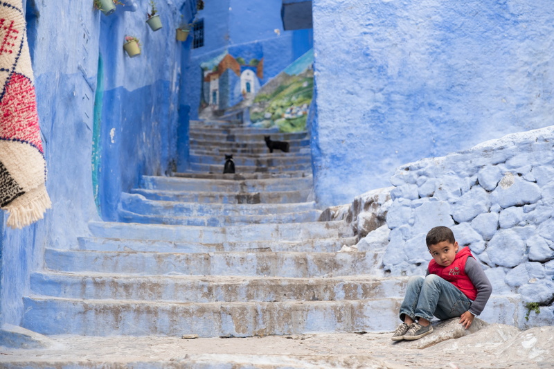 real people, built structure, outdoors, leisure activity, staircase, city, marruecos, morocco, cats, kid, day, history, casual clothing, chaouen, lifestyles