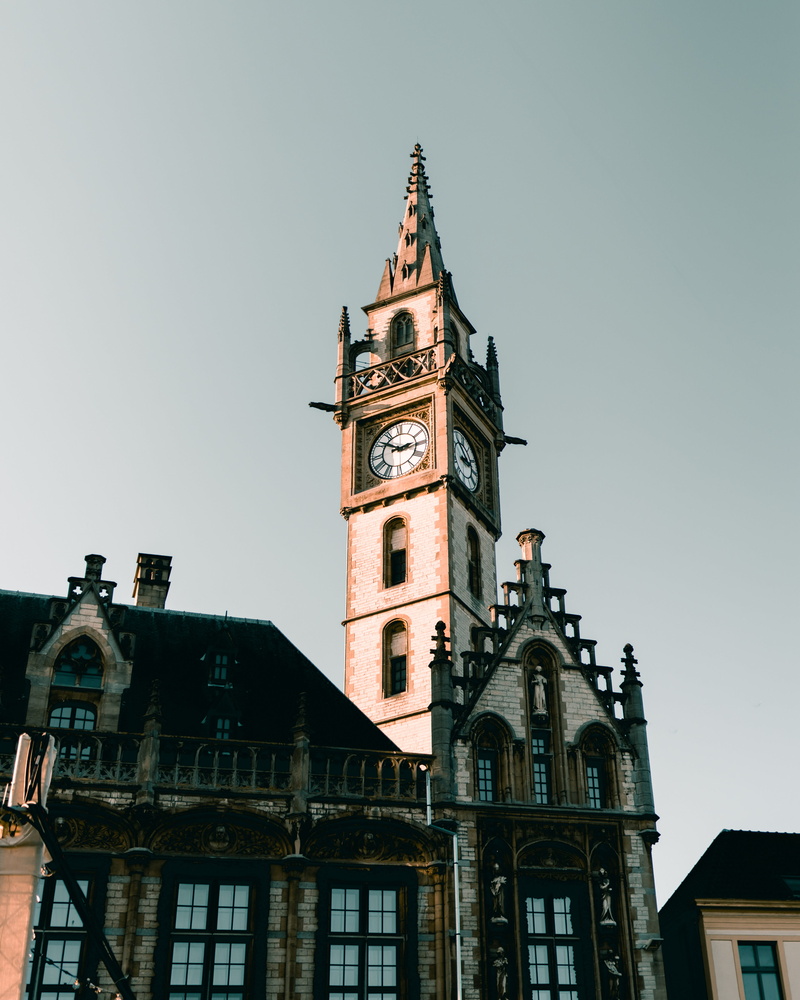religion, daytine, spire, low angle view, clock tower, brown, outdoors, nature, belief, tower, architecture, old, medieval, building exterior, place of worship