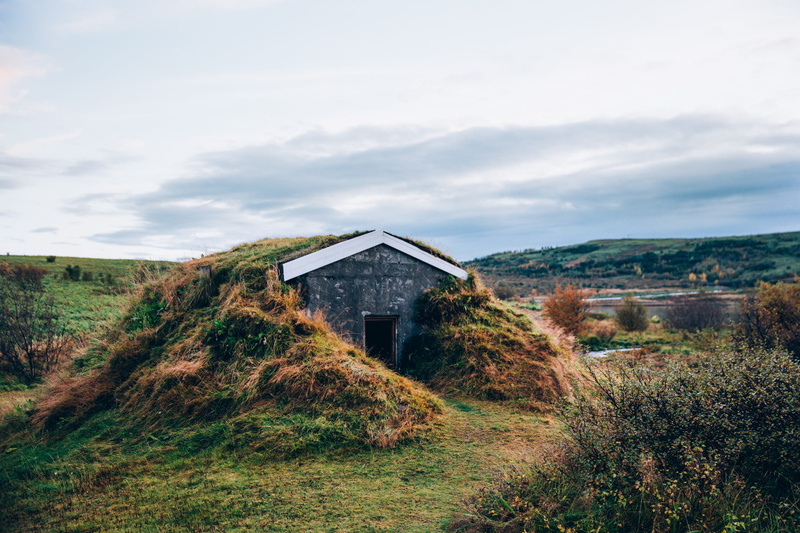 icelandic, habitation, landscape, clouds, exterior, tranquility, hill, sky, moss, built structure, house, hills, hut, architecture, foliage, mound, field
