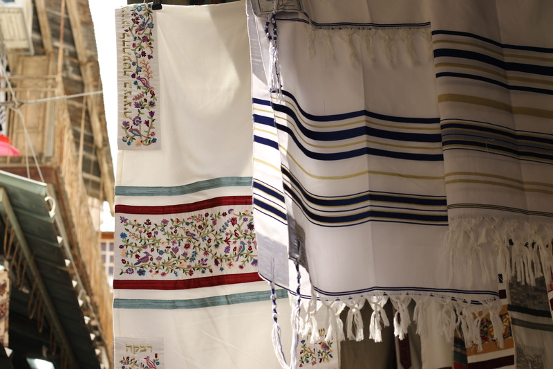 jerusalem, collection, hanging, store, textile, indoors, tallit, dress, 5K, day, pattern, white color, market, for sale, no people, judaism, retail display