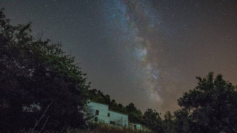 tranquility, trees, old building, star, tree, abandoned, starry, star field, sky, spain, growth, wall, no people, low angle view, scenics, trail, Milky Way