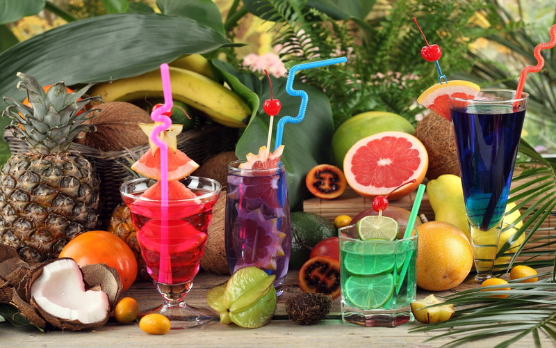 COCKTAILS, household equipment, food, 1080P, PINEAPPLE, COCONUT, table, FRUIT, VEGETABLES, ORANGE, leaf, plant part, multi colored, drinking, DRINKS, EXOTIC