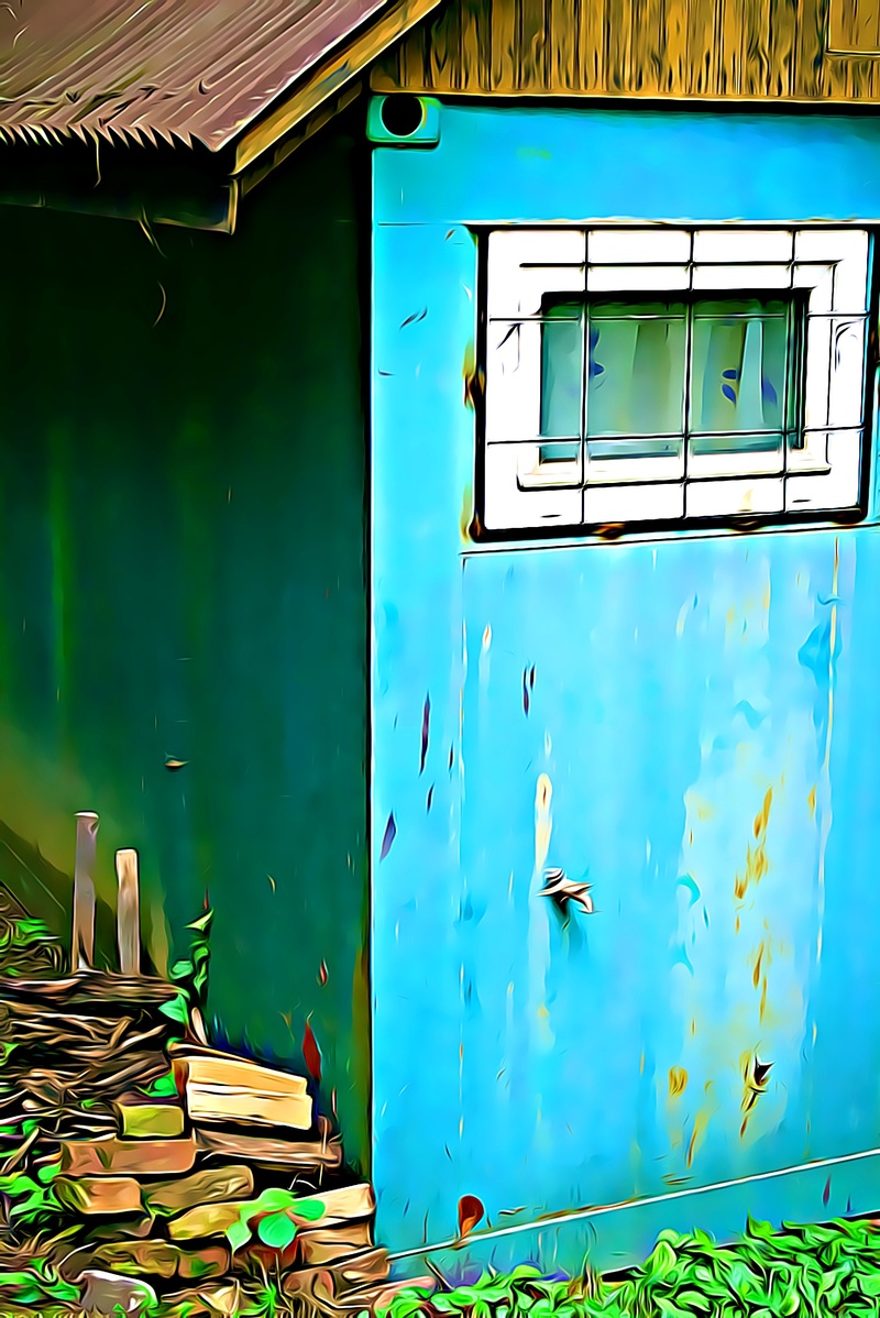 wood - material, yard, cottage, green color, turquoise colored, day, outdoors, mode of transportation, land vehicle, metal, built structure, building, top