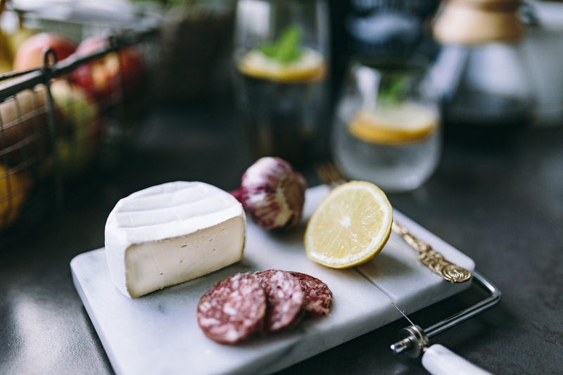 still life, kitchen, appetizer, sausage, vegetables, fruits, pork, cross section, hands, dairy product, close-up, table, healthy eating, 5K, meat, ready-to-eat