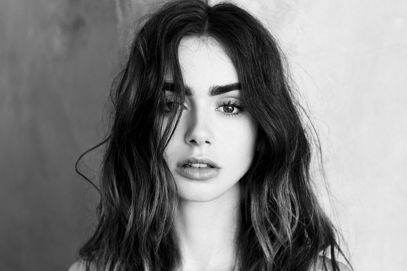 1080P, Face, Actress, Black and White, Lily Collins, English, Actresses