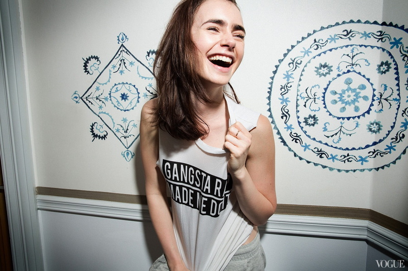 art and craft, laughing, tnak, standing, gray, excitement, s, actress, Lily Collins, mouth open, portrait, indoors, front view, young adult, one person