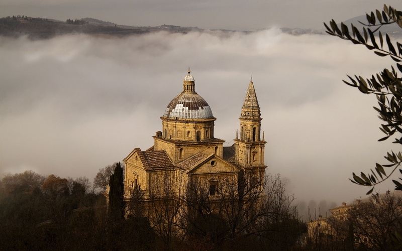 building, brown, concrete, dome, 1080P, Toscana, Trees, Fog, Church, Italy, Montepulciano