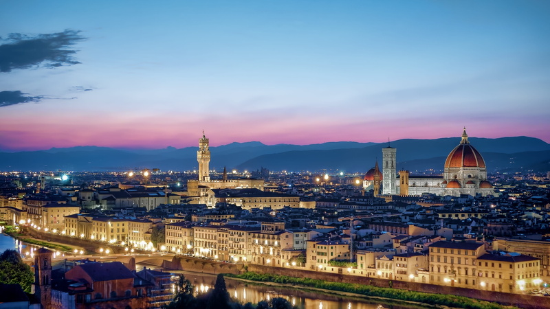 place of worship, sunset, nature, tower, outdoors, 2K, italy, city, religion, built structure, illuminated, dusk, travel destinations, duomo, florence