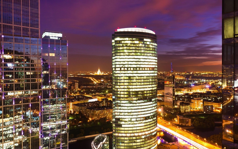 office building exterior, tower, city, building, no people, built structure, cityscape, sky, architecture, Moscow, cloud - sky, financial district, illuminated