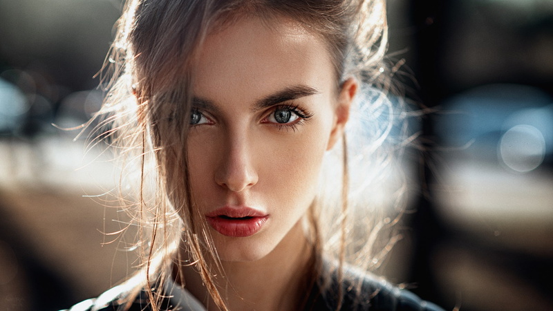 juicy lips, 1080P, red eyes, Georgy Chernyadyev, sunlight, face, portrait, Victoria Vishnevetskaya, depth of field, model, looking at viewer, auburn hair