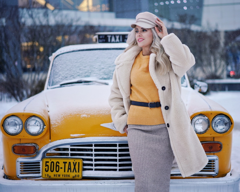 urban, yellow cars, car, looking into the distance, 2K, women outdoors, blonde, Sergei Churnosov, open coat, numbers, taxi, vehicle, model, women, snow
