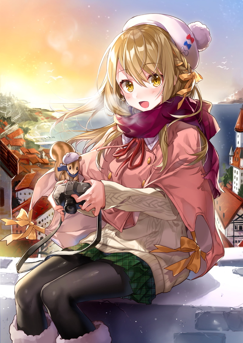 blonde, females, yellow eyes, arts culture and entertainment, anime girls, original characters, sky, leisure activity, skirt, emotion, adult, sweater, fun