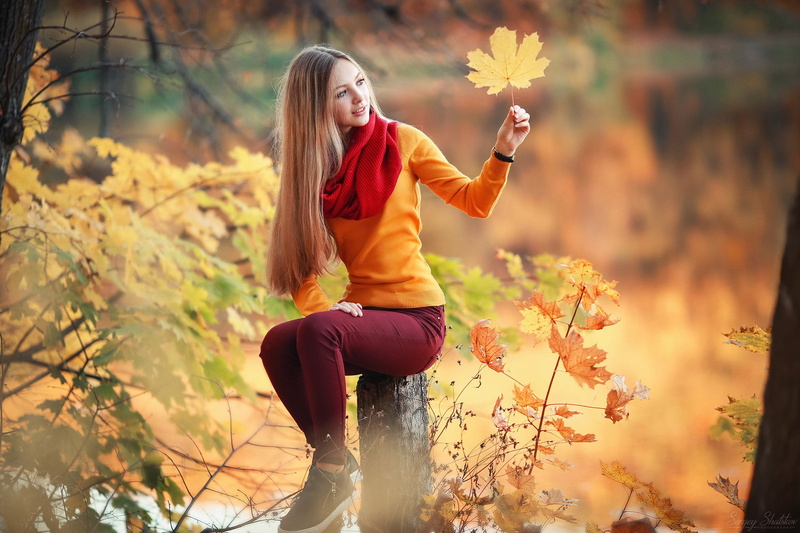 outdoors, fall, blonde, sneakers, portrait, leaves, Sergey Shatskov, yellow sweater, looking away, women, model, branch, bokeh, 1080P, women outdoors