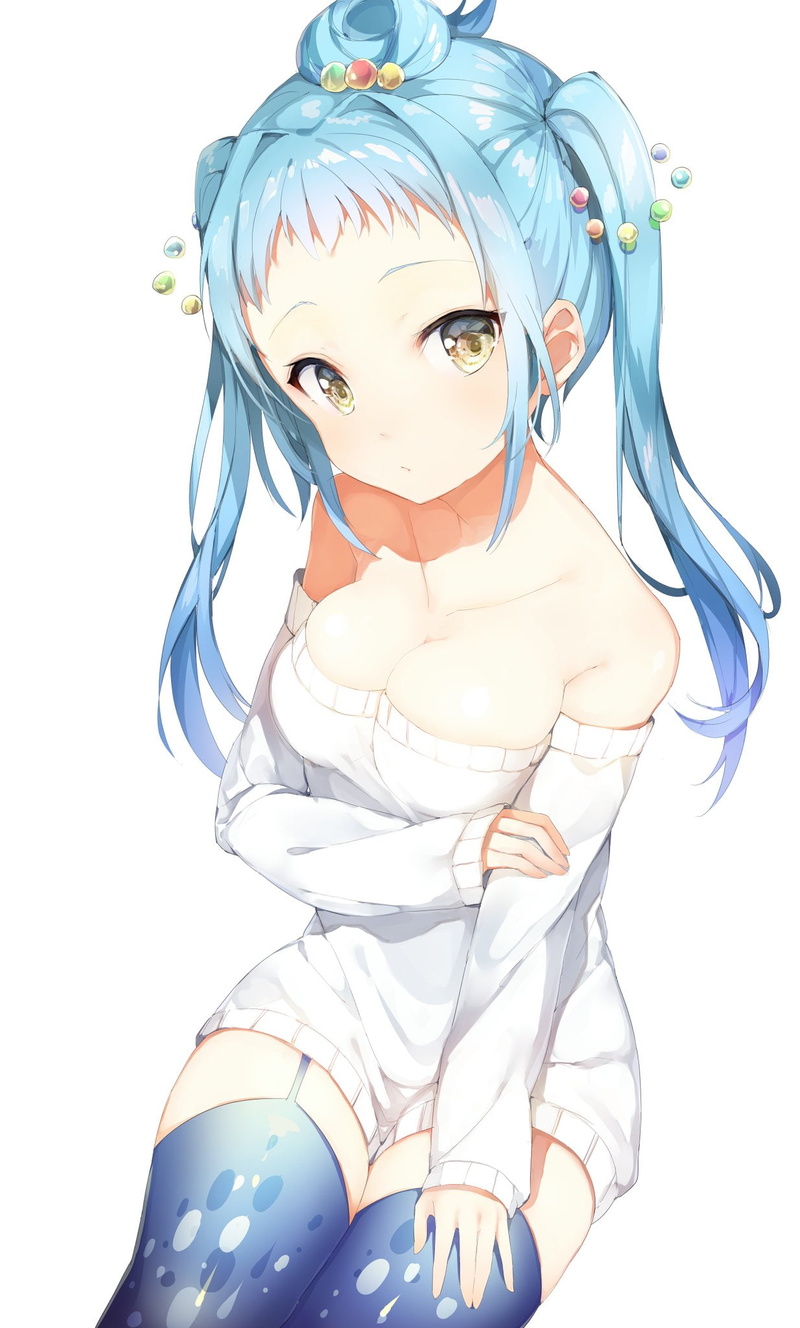 original characters, white  background, thigh-highs, aqua hair, yellow eyes, 1080P, sweater, stockings, cleavage