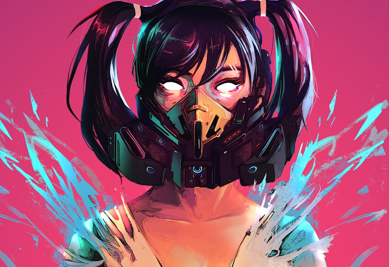mask, white eyes, pink, original characters, artwork, women, Rashed AlAkroka, colorful, 2K