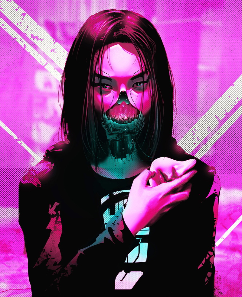 portrait display, cyborg, women, Asian, ArtStation, drawing, cyberpunk, digital art, Rashed AlAkroka, pink background, artwork, pink, face, 1080P