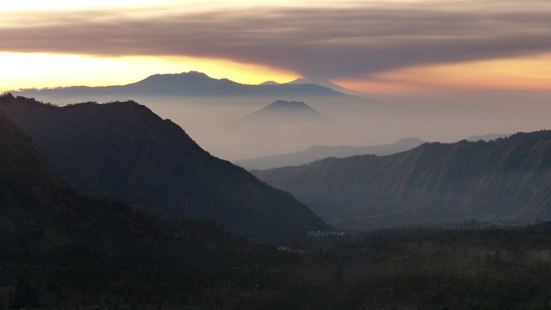 sun, mountain peak, mountain range, sunset, sky, no people, fog, panorama, java, cloud - sky, tranquility, dramatic landscape, beauty in nature, environment