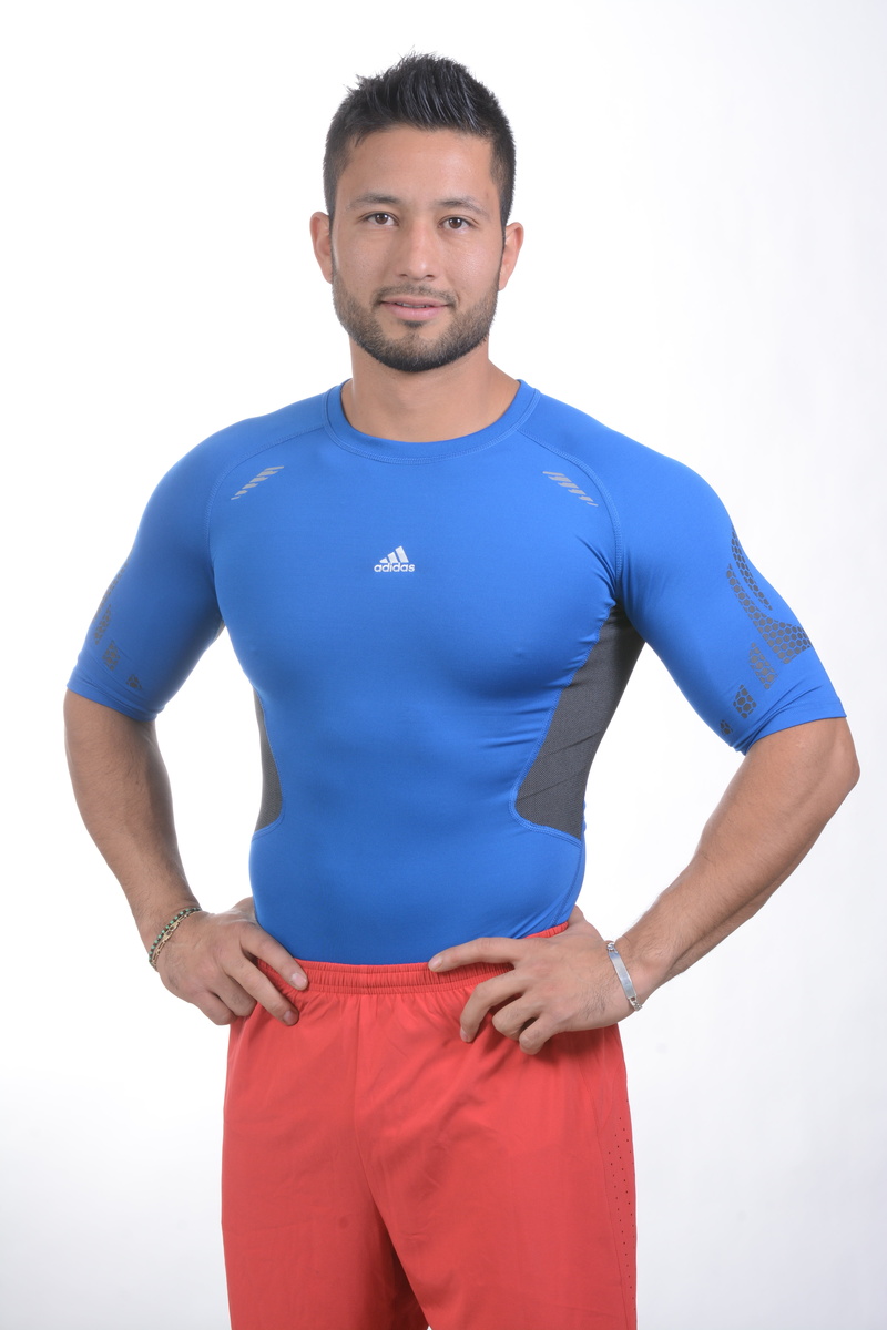 front view, three quarter length, abdomen, white background, indoors, exercise, one person, looking at camera, adidas, standing, body, guard, portrait