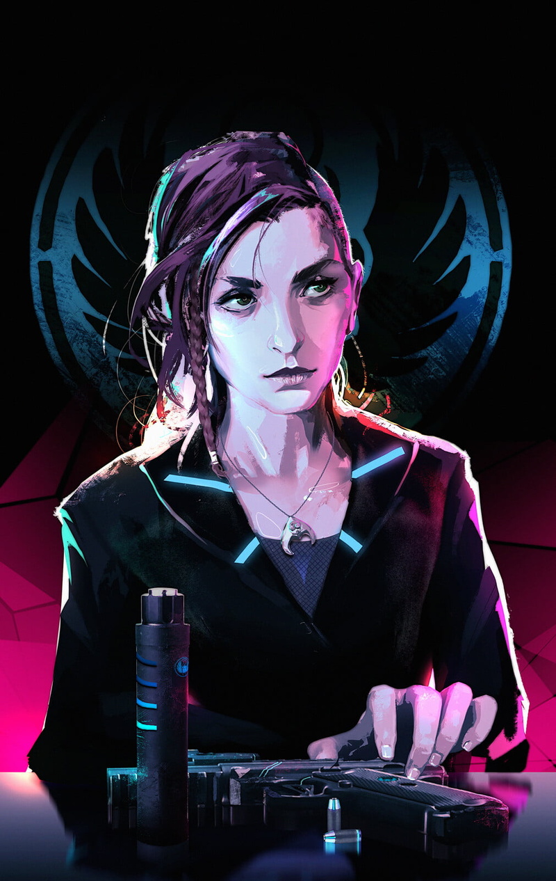 drawing, ArtStation, looking away, closed mouth, artwork, green eyes, Rashed AlAkroka, 720P, digital painting, bullet, digital art, portrait display, Handgun