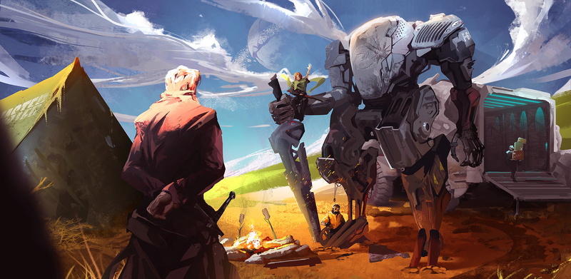 ArtStation, Rashed AlAkroka, clouds, 1080P, drawing, artwork, sky, camp, sword, digital art, white hair, robot