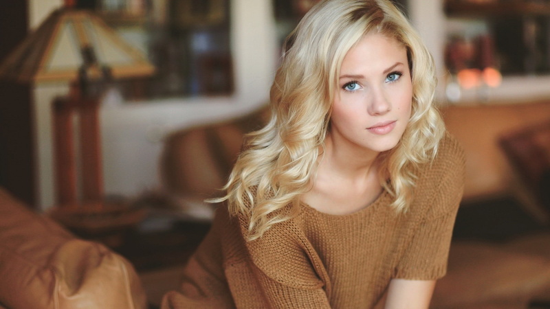 model, blonde, Berit Birkeland, looking at viewer, brown tops, women indoors, 1080P, women