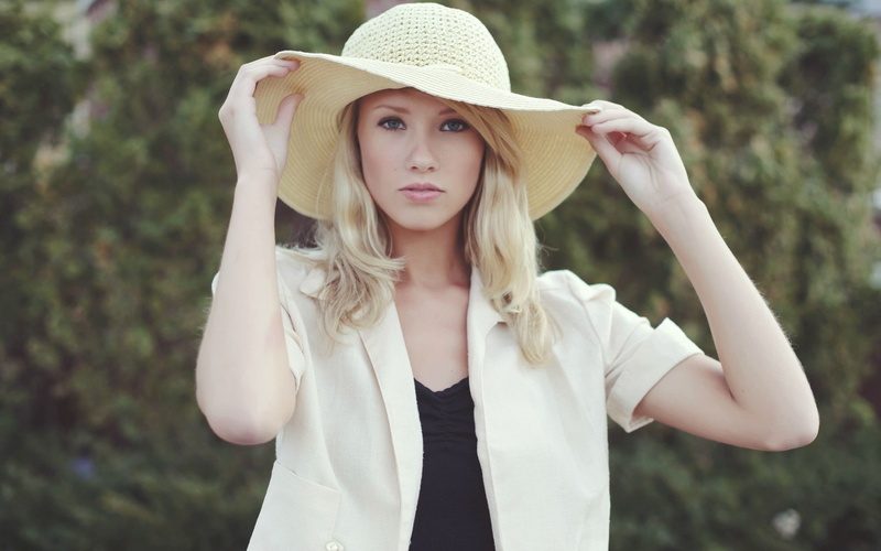portrait, hat, adult, blond hair, front view, 1080P, beautiful people, beauty, outdoors, young adult, clothing, young women, sun hat, beautiful woman