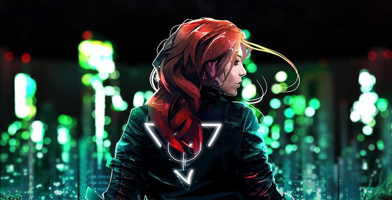 ArtStation, city lights, digital art, city, 1080P, Rashed AlAkroka, artwork, drawing, looking at the side, lights, redhead, women, back, concept art