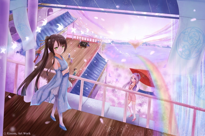 original characters, anime, adult, three quarter length, railing, hair, standing, cherry blossom, full length, glass - material, motion, digital composite