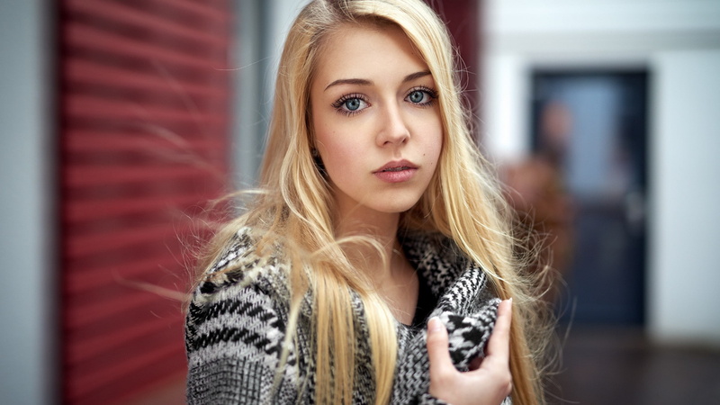 women, 1080P, blue eyes, braces, depth of field, blonde, Alex Fetter, sweater, portrait
