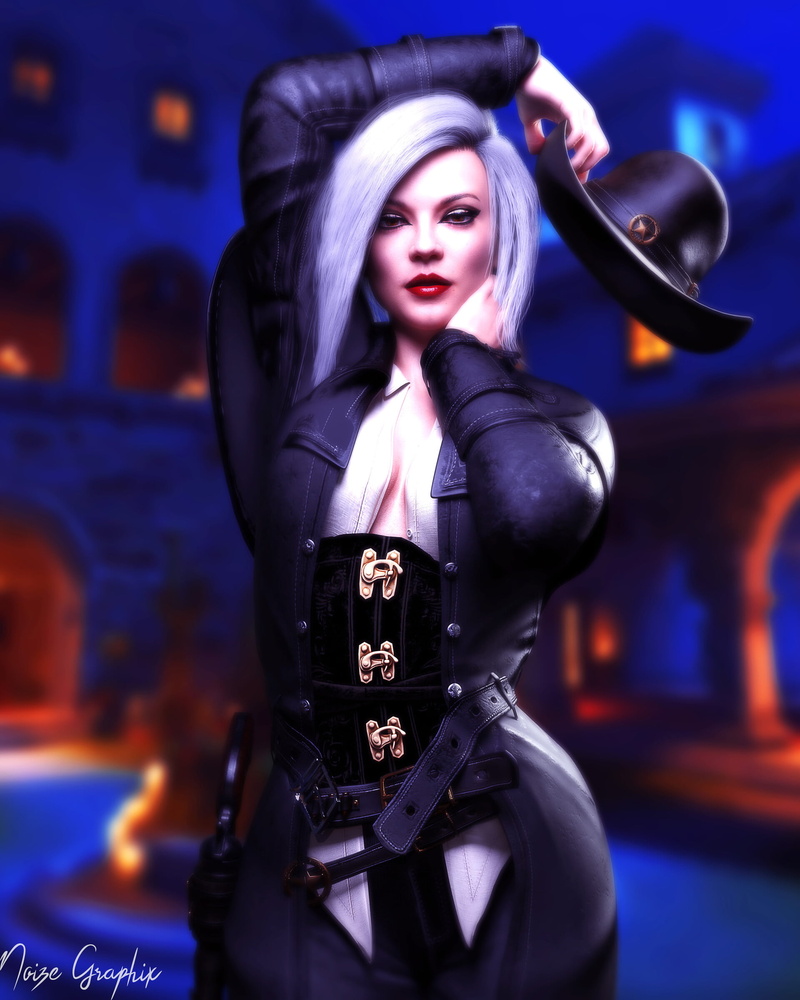 fan art, blonde, leather clothing, digital art, black hat, hat, Ashe (Overwatch), portrait display, hand on neck, women, black clothing, ArtStation, Overwatch