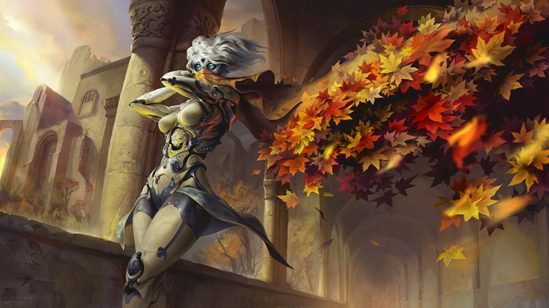 artwork, 1080P, ash blonde, fantasy art, leaves, fall, ArtStation