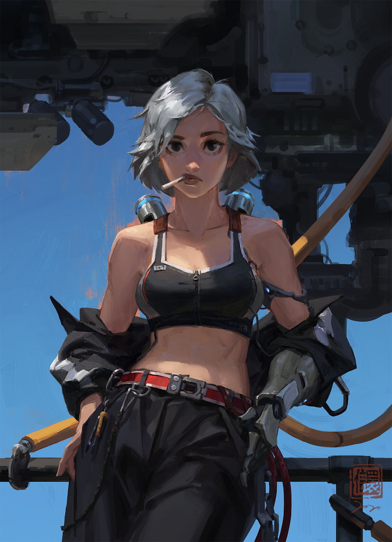 standing, Ash blonde, cigarettes, artwork, 720P, ArtStation, women, science fiction women