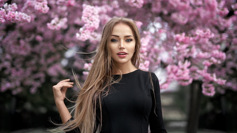 women brunette blonde face blue eyes long hair open mouth women outdoors alex fetter trees flowers windy black clothing, 1080P