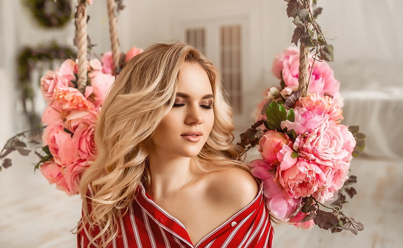 makeup, 1080P, shoulder, blonde, flowers, A Diakov George, girl