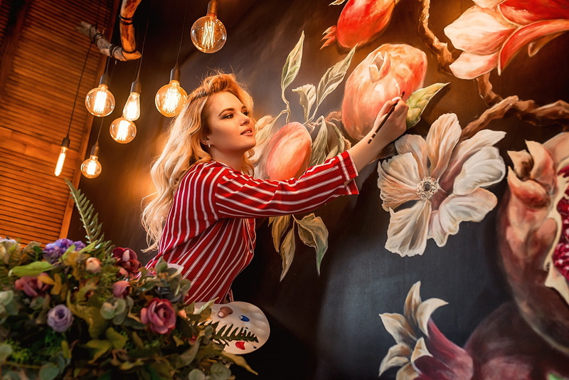 blonde, A Diakov George, pose, flowers, pretty, 1080P, legs, model