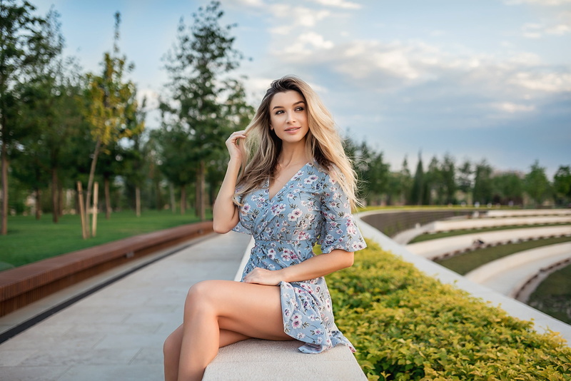 dress, A Diakov George, Girl, 1080P, legs, sitting, Elena Korovaina, smile