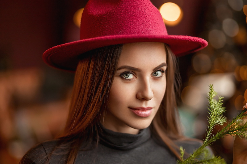 girl, A Diakov George, face, sprig, portrait, 1080P, hat, bokeh, look