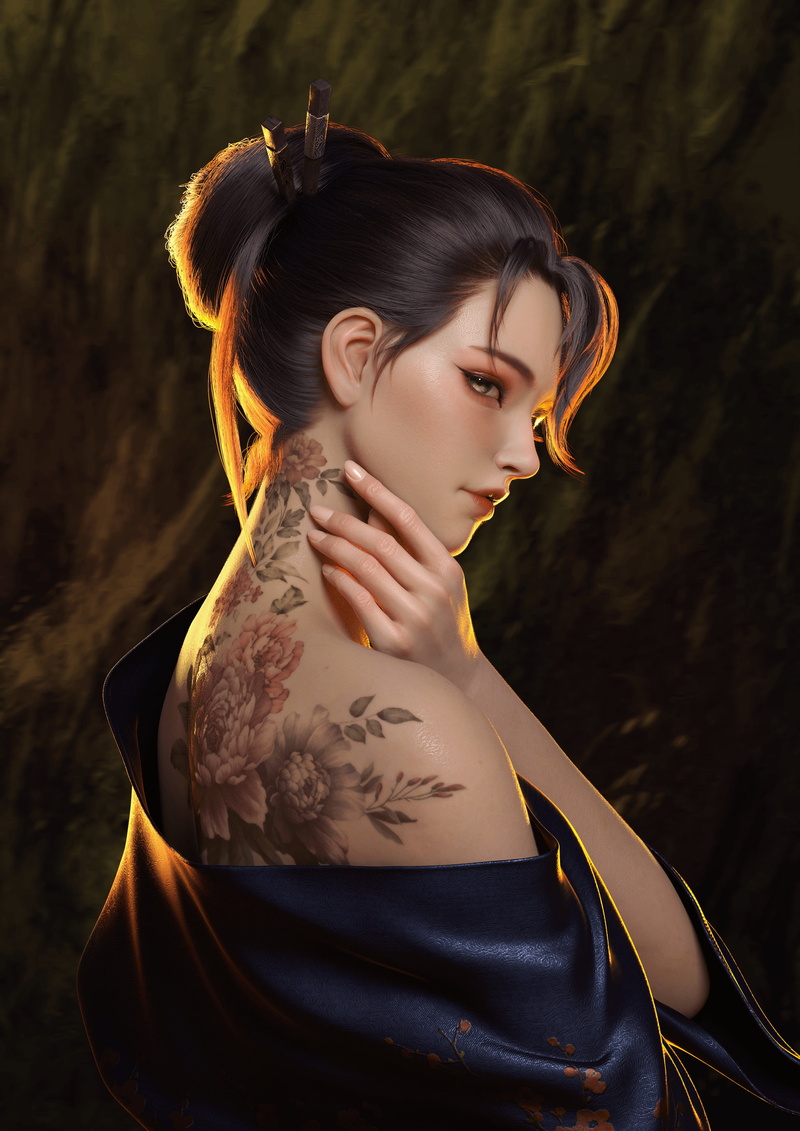 brunette, women, looking back, ArtStation, samurai, digital art, artwork, robes, hand on neck, tattoo, 4K