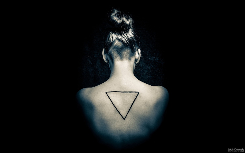 lifestyles, one person, human back, body part, black background, indoors, real people, hairstyle, women, triangle, adult, digital composite, arms raised