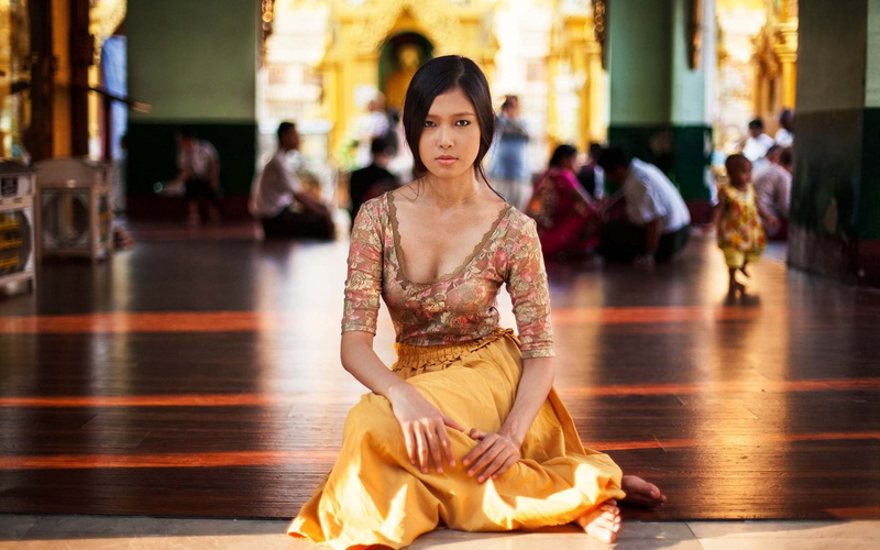 floral, scoop, sitting, spirituality, beauty, adult, clothing, brown, beautiful woman, indoors, traditional clothing, dress, neck, focus on foreground