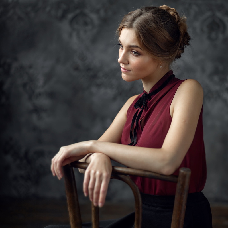 looking away, red clothing, 1080P, brunette, women, Alexey Kishechkin, head tilted, Alina Samsonova, hairbun, chair, blouse