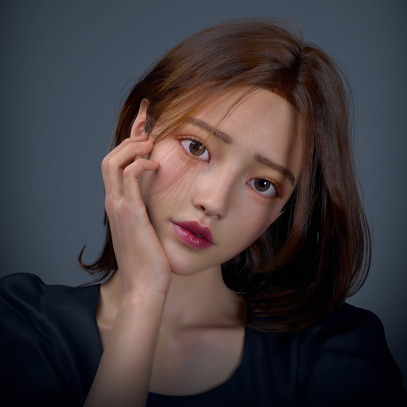 portrait, K Liao, brunette, makeup, shoulder length hair, CGI, simple background, head tilt, Asian, lipstick, black clothing, women, 1080P