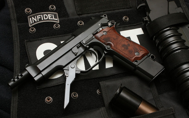ammunition, no people, knife - weapon, violence, high angle view, protection, sign, indoors, security, close-up, weapon, warning sign, directly above, army beretta 93r gun pistol weapon swat