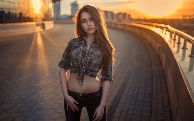 shirt, women outdoors, looking at viewer, women, long hair, Alexandra Danilova, brunette, 720P, model, sunset