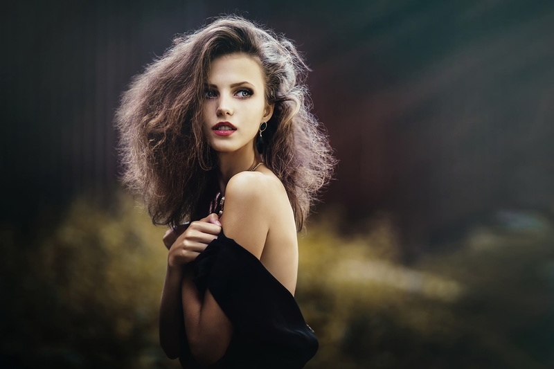 brunette, waist up, beauty, outdoors, dress, young adult, one person, green eyes, young women, model, Sergey Piltnik, 1080P, hairstyle, Ksenia Malinina