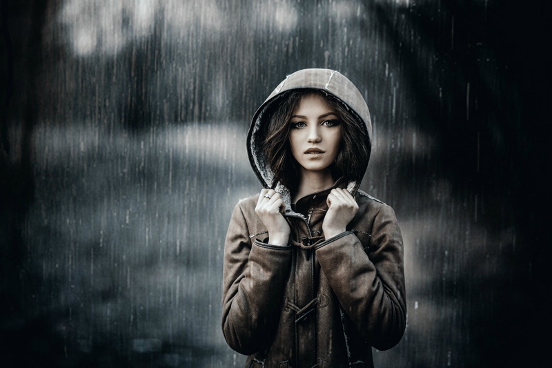 jacket, clothing, one person, standing, Sergey Piltnik, women, young women, contemplation, beautiful woman, Ksenia Malinina, brown eyes, leather, hood - clothing