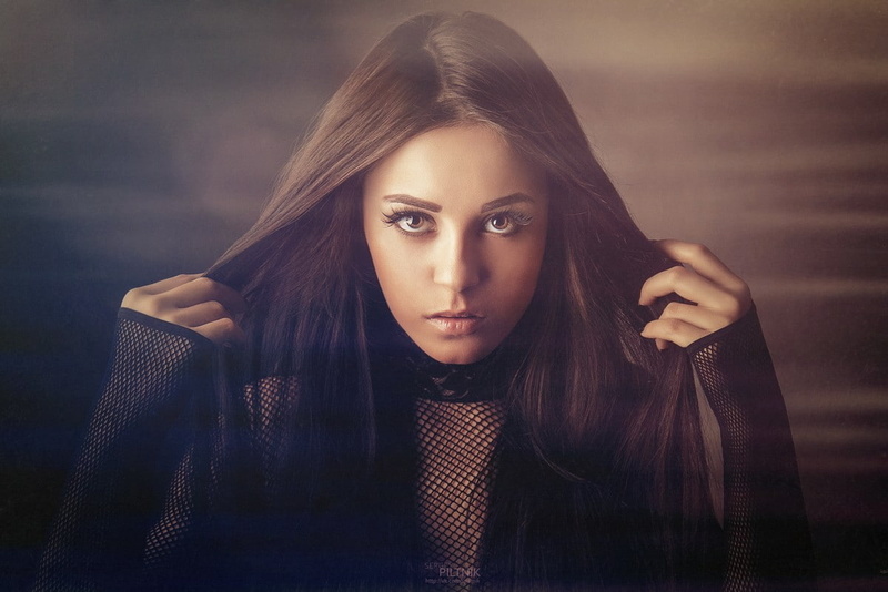eyelashes, emotion, face, contemplation, looking at camera, females, hands in hair, adult, one person, front view, women, headshot, long hair, 480P, dark