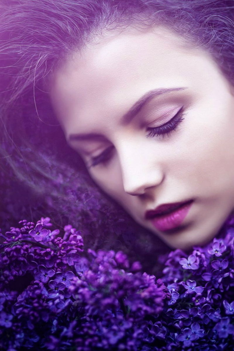 one person, flowering plant, make-up, nature, adult, lilac, fashion, women outdoors, portrait, human face, plant, body part, beautiful woman, women, hairstyle