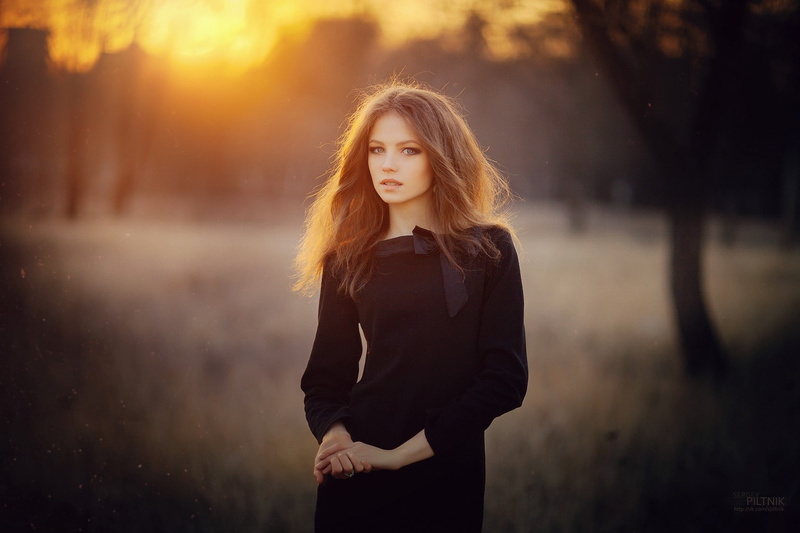 black dress, Sergey Piltnik, lipstick, trees, women outdoors, eyeliner, model, 720P, women, Ksenia Malinina, looking at viewer