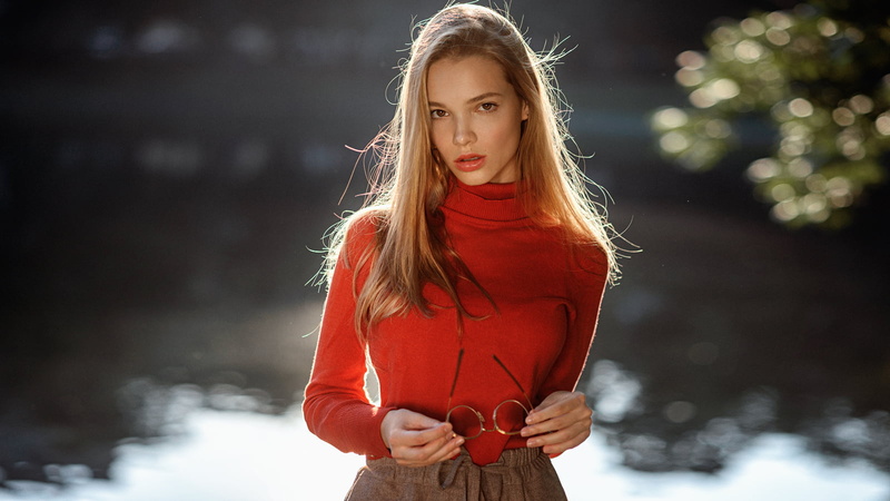 sunlight, 720P, long hair, glasses, makeup, brunette, portrait display, straight hair, Anna Dyuzhina, Georgy Chernyadyev, looking at viewer, turtlenecks